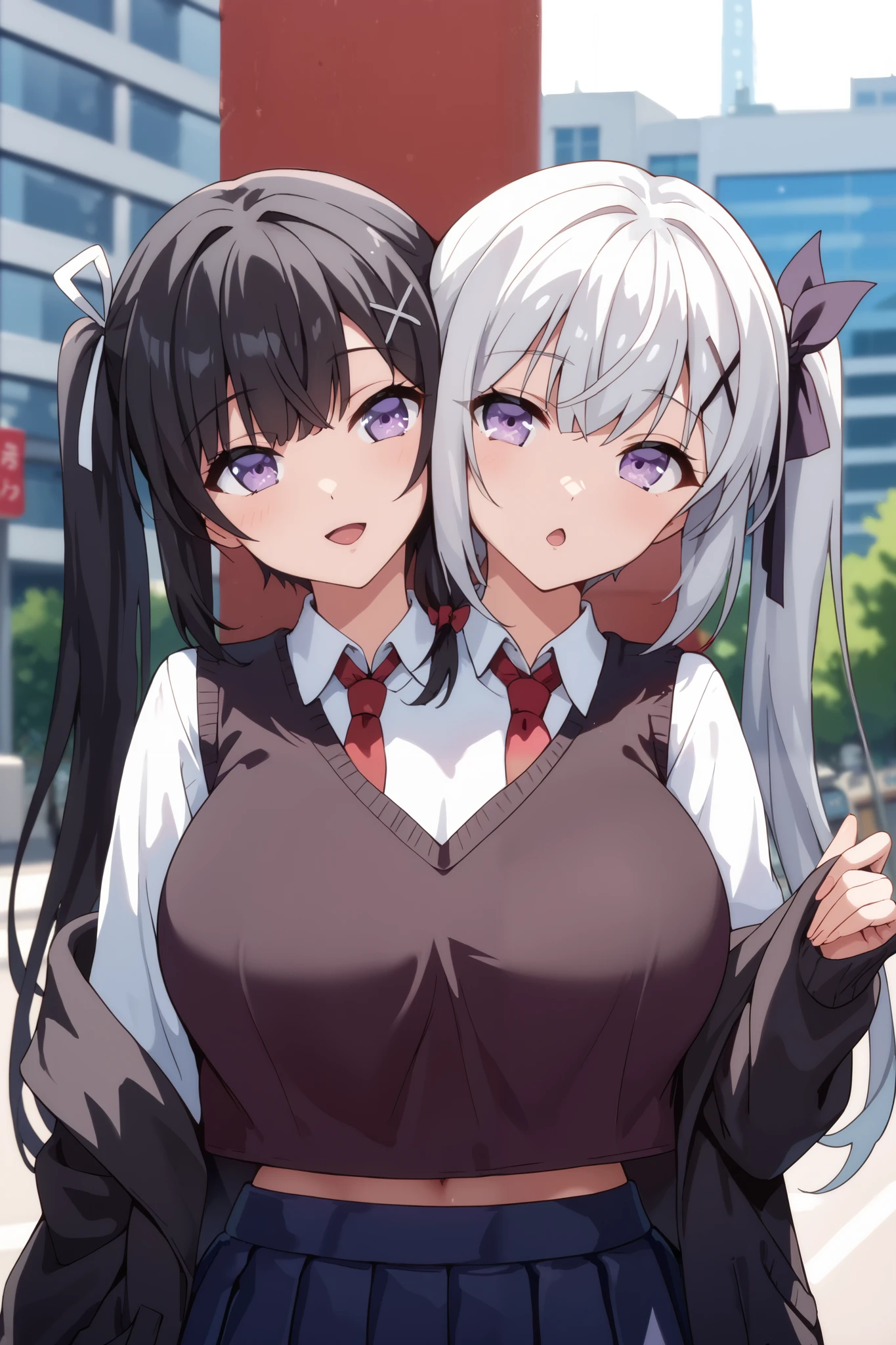 conjoined, 2girls, 2heads, two heads, a tall thin girls with 2 heads, twintails, x hair ornament, hair ribbon, white hair, black hair, purple eyes, huge breasts, front shots, upper body, kibito high school uniform, sweater vest, pleated skirt, black jacket, sailor collar, city