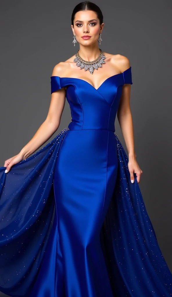 Lebanese woman, diamond dangling earrings, necklace, bracelets, small breasts, 40 years old, smokey eyes, cleavages, red lips, innocent face, blue fashion ball gown, stylish hairstyle, posing, modeling,