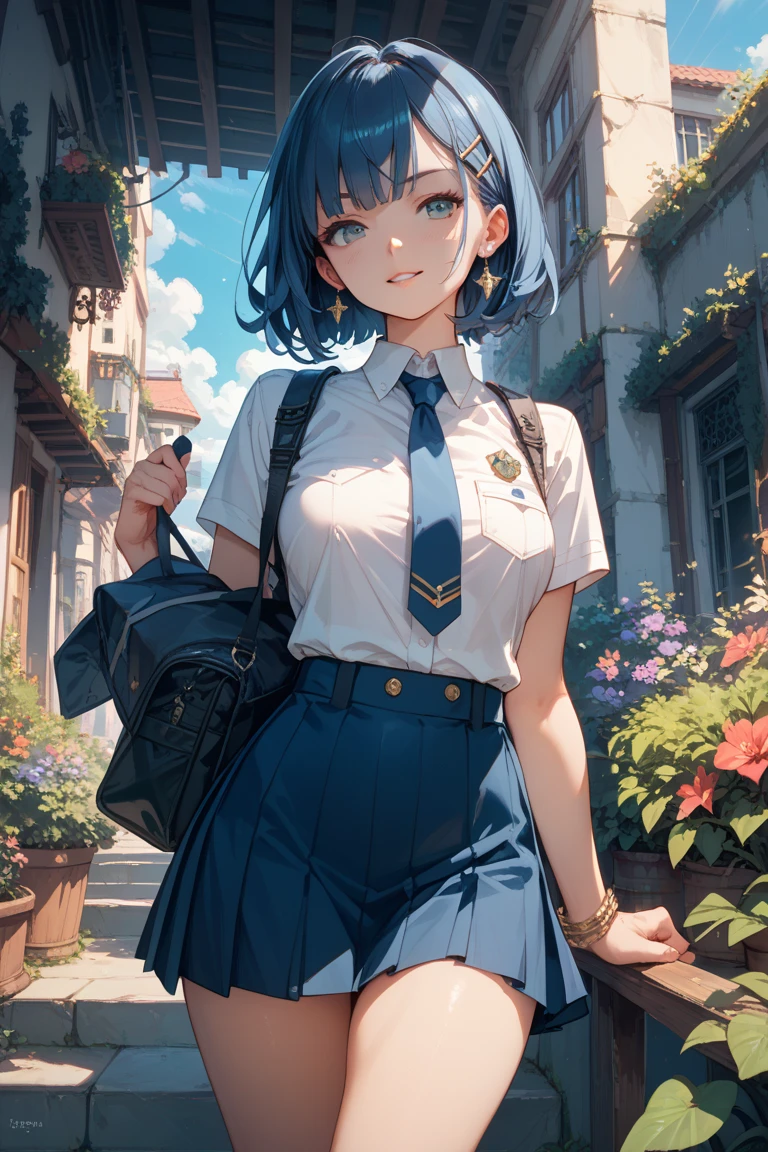 (Highest quality illustrations:1.2), (Kawaii Girl:1.1), (1girl in:1.5, 独奏:1.5)、One pose、The upper part of the body、a closeup、((posterior view:1.5))、(photographed from the back)、(taken from the under:1.5)、pantyshot、 (1girl in、18year old、One pose、huge smile、Open your mouth and laugh、cute little、Medium chest:1.5、ultradetailed eyes:1.2)、(beauty breast)、((blue eyess、Blue hair:1.5))、(shorth hair)、(((Short bob hair)))、thin-waist、small ass、skinny thigh、 (high-school uniform。Dark blue blazer、overcoat、white shirt、Blue Ribbon、White pleated skirt),School bag、A smile、BREAK(top-quality、ultra-detailliert、highly detailed and beautiful、超A high resolution、Detailed arm:1.2),Morning scenery、Autumn sky、Colored leaves、Run up the stairs、Angle from below