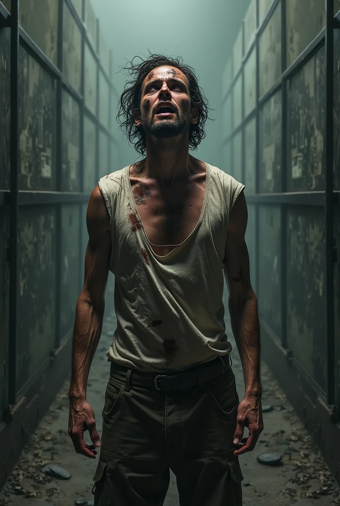 Disguised as a madman in a straitjacket