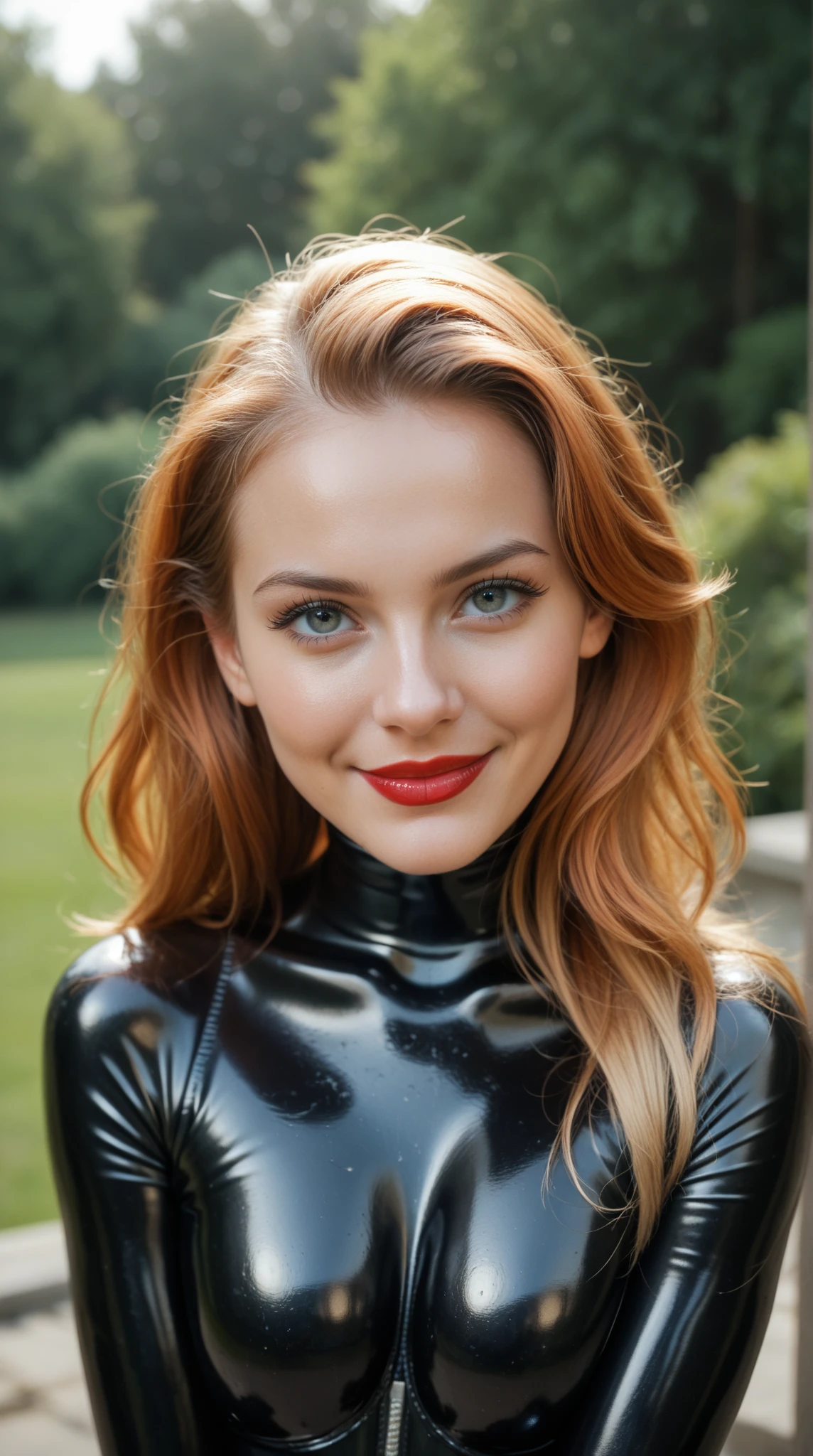 ultrarealistic high quality fullbody photo of a beautiful busty european 30-year-old woman with cute hyperdetailed shy happy face and ginger wavy long bob with middle parting, realistic round eyes, red lipgloss, seductive smile, dark eye makeup with eyeliner, wearing catwoman cosplay catsuit outfit, hourglass body, outdoor photo