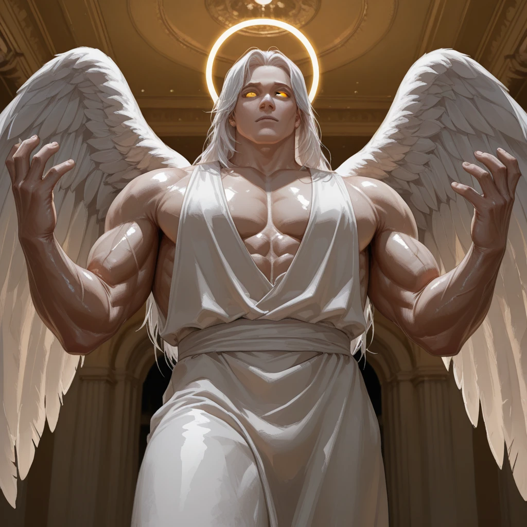 White color medieval angel, with male face (naughty man) With arms raised high. with marble texture