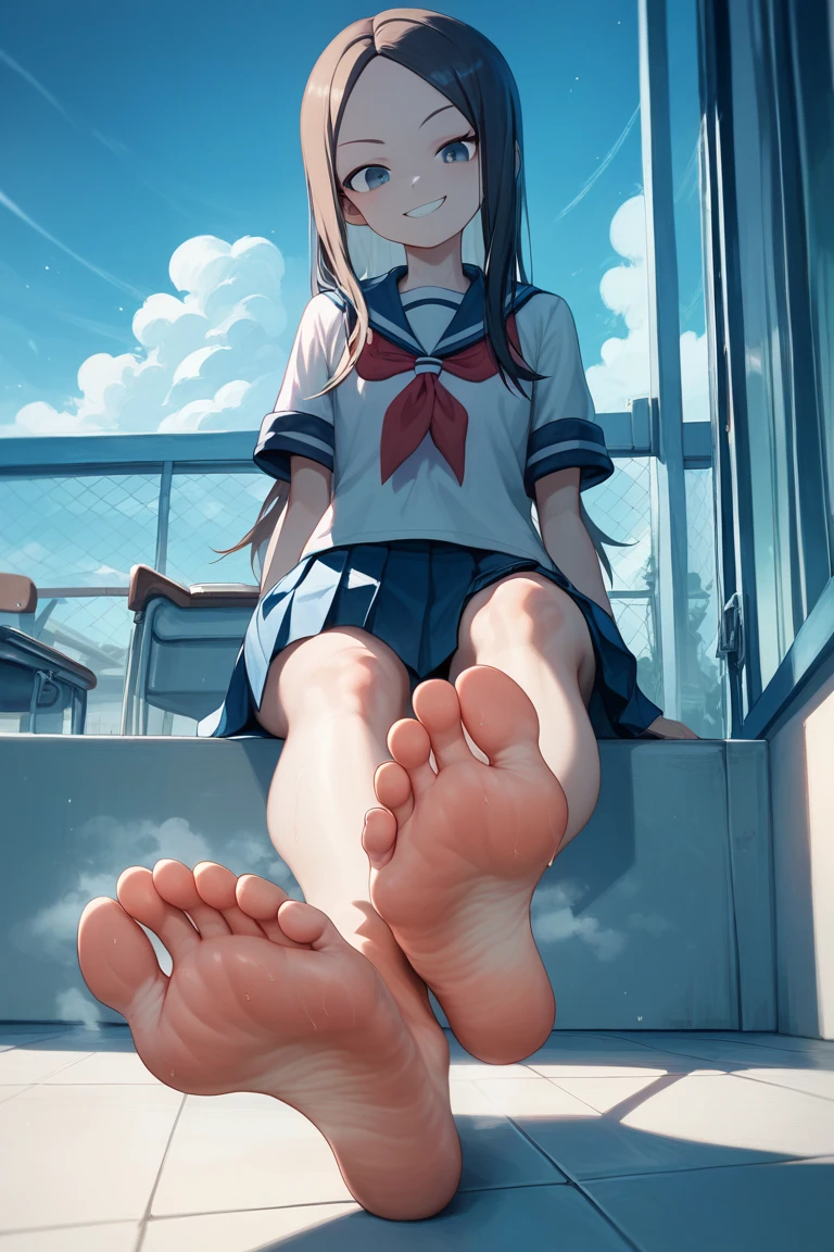 wallpaper, best quality, highly detailed, masterpiece, ultra-detailed, illustration, day,[[[artist:rakia_(ds00309) ]]],foot focus,,  scowl, barefoot, dirty feet,smelly feet,steam around feet,, satsuki_(kancolle)