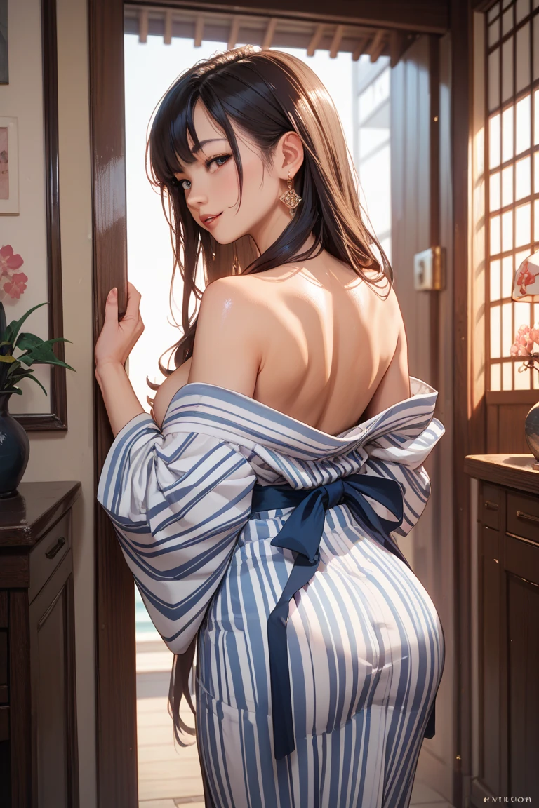 The corridor of a hot spring inn、8K quality、High resolution、Realistic skin texture、High resolutionの瞳、、Brown Hair、thin、A traditional Japanese yukata made of thin and gorgeous fabric、Off the shoulder、Model body type、Show your inner thighs、Flower tan、Updo、Sexually suggestive poses、Small cleavage、、Beautiful fingers、Beautiful throat、Fix a sagging collar、bright、Wet body