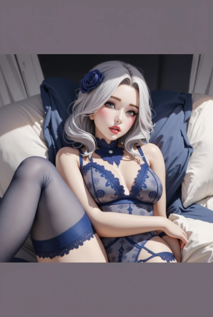 Girl lying on the bed, short white hair, visible, superb, ultra high definition, RAW photo, realism: 1.25), (bright lip gloss, long eyelashes, smooth face, bright skin, natural shadow, wide light, wide light, depth of field , strong colors, subtle caustics: 0.8), smiling, (big tits), white underwear, black stockings, sheer black hip skirt, secretary, pillow between legs, no shoes