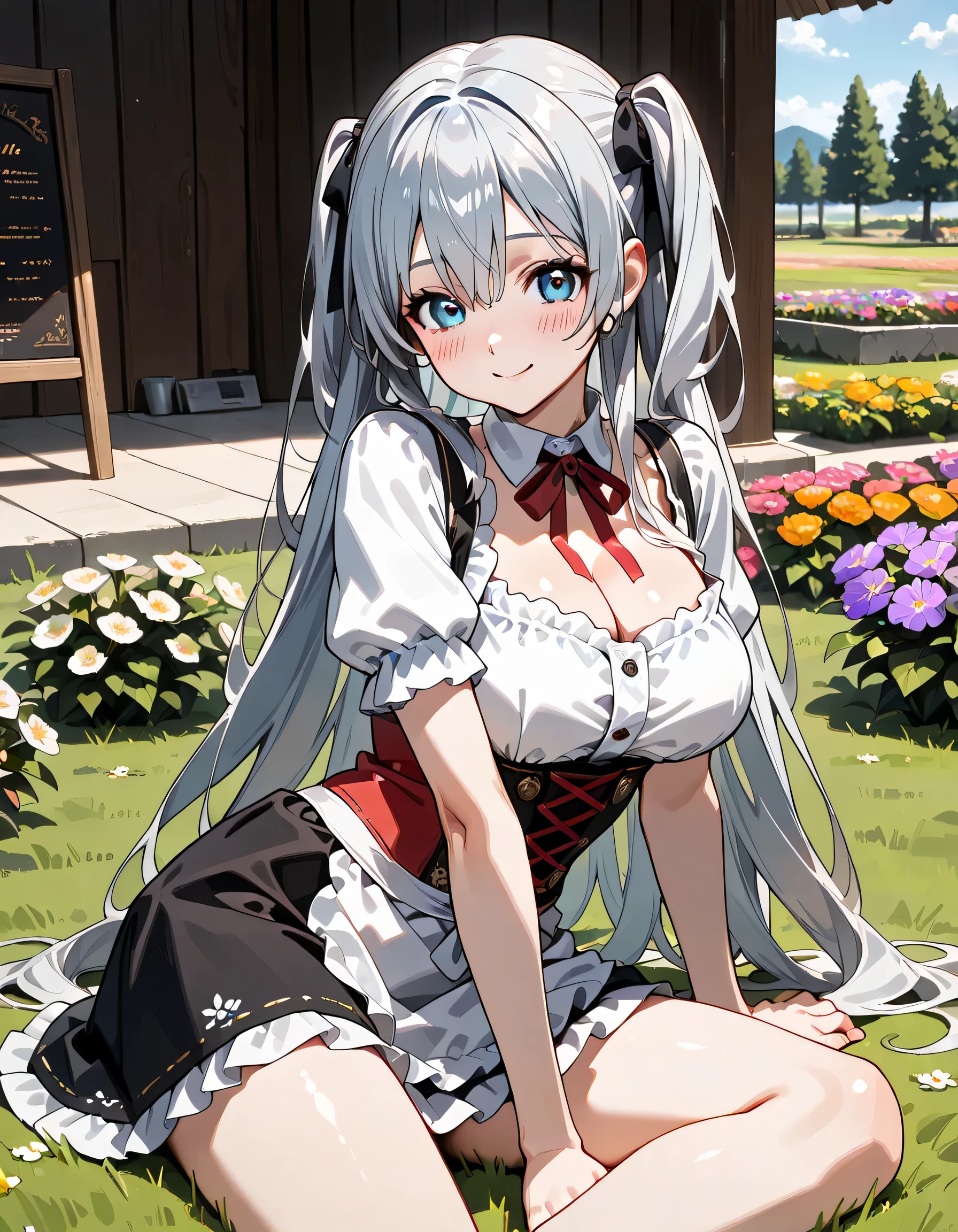 photo of a iom girl,((masterpiece, best quality, high_resolution, distinct_image, 4k, extremely detailed CG,)),(beautiful and delicate background:1.2), 1girl, solo, fox ears, white hair, hair between eyes, very long hair, red eyes, large breast, white t-shirt, skirt, street, building, window, trash can, moss, sunlight, cowboy shot, sidelighting, dynamic angle, walking, arms behind back