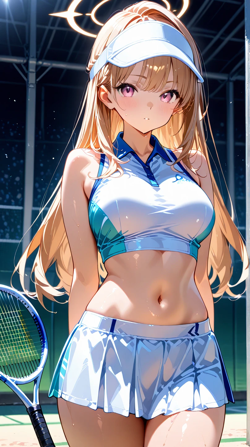 masterpiece,Highest quality,8k,Blonde,Tennis Wear,Tennis court,Bold Pose,Big behavior,Shiny hair,Glossy skin,Japanese idol model,whole body,

