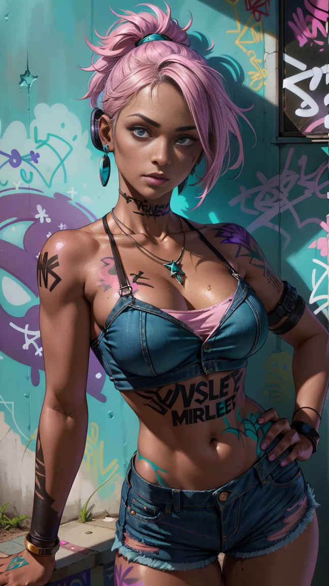 score_9, score_8_up, score_7_up, source_anime BREAK 1girl, solo, cowboy shot, looking at viewer, close-up, facing viewer,
poisonff, pink hair, blue eyes, spiked hair, peaked cap, choker, collar, tank top, short shorts, denim shorts, torn clothes, androgynous,
huge breasts, bored, lips, puckered lips, annoyed, crossed arms, from below,
outdoors, street, blue sky, cloud, against wall, leaning back,