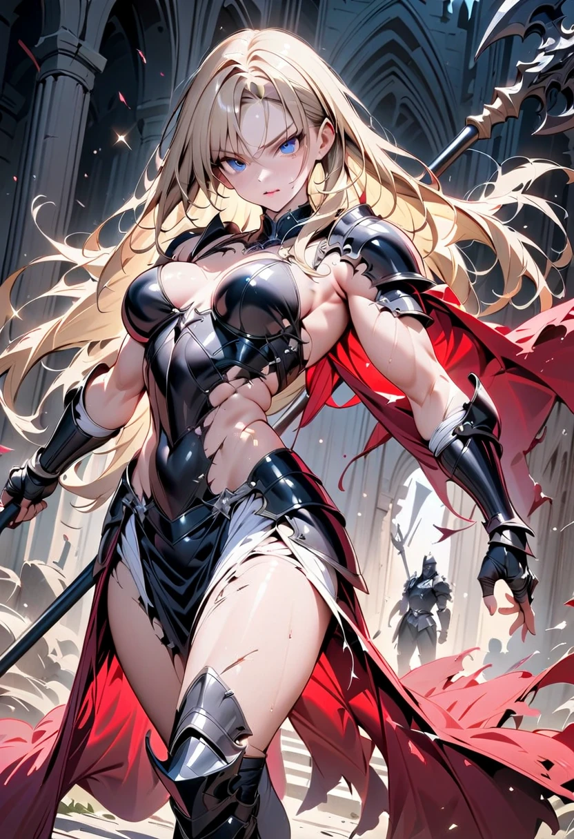 Bikini Armor、Battle Axe:1.5、Warrior、Ancient City、kitagawa marin, 1girl, blonde hair, long hair, multicolored hair, red eyes, jewelry, earrings, piercing, black choker, UHD, retina, masterpiece, ccurate, anatomically correct, textured skin, super detail, high details, high quality, best quality, highres, 4K