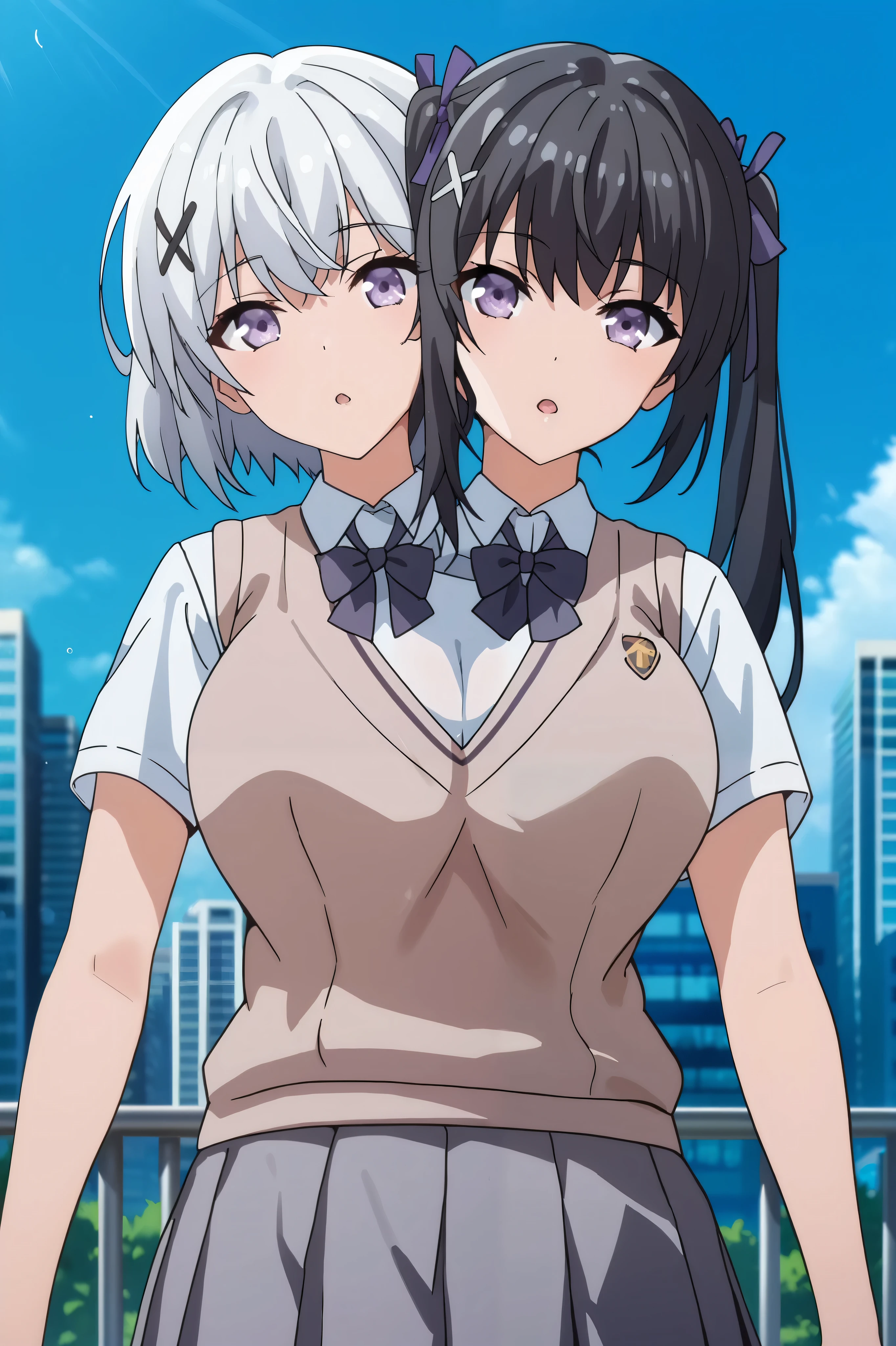 conjoined, 2girls, 2heads, two heads, a tall thin girls with 2 heads, twintails, x hair ornament, hair ribbon, white hair, black hair, purple eyes, huge breasts, front shots, upper body, skirt, shirt, school uniform, white shirt, short sleeves, pleated skirt, grey skirt, sweater vest, tokiwadai school uniform, city