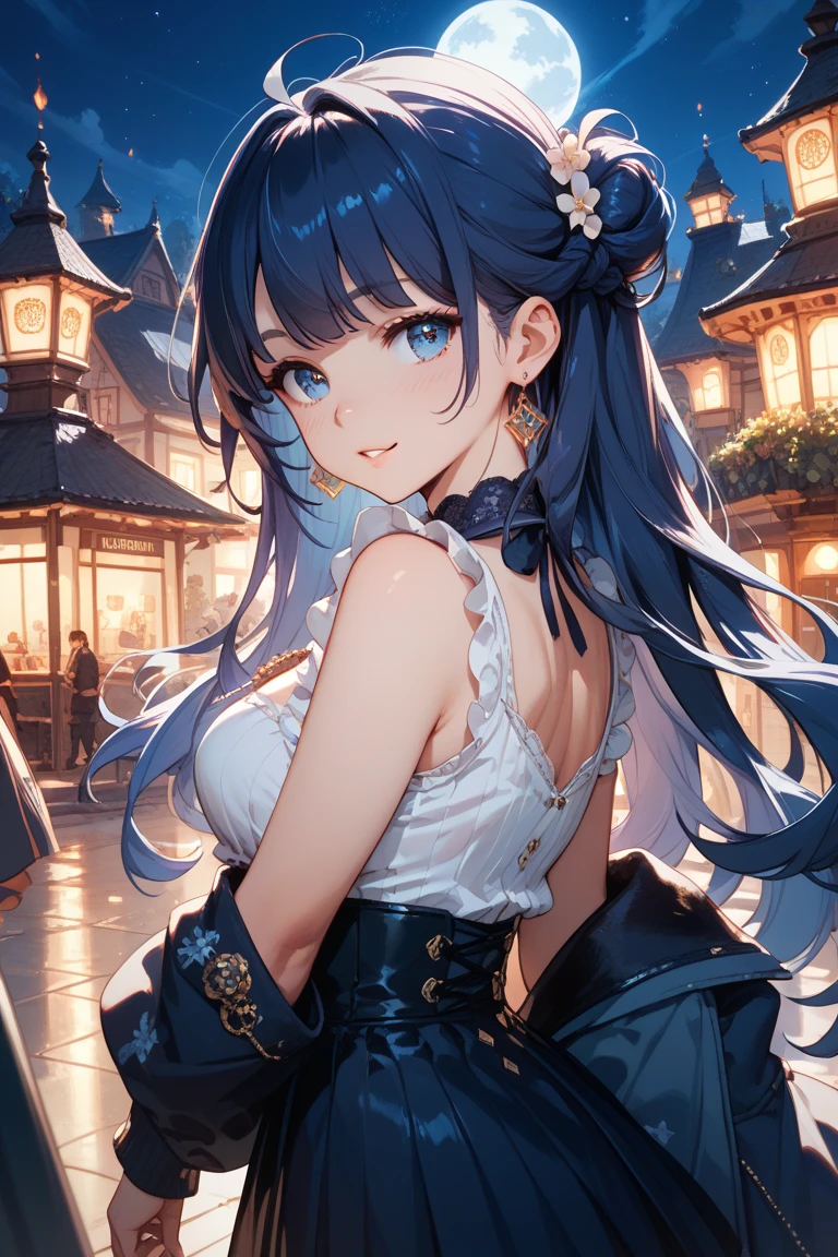 Big Breasts、Blue ruffled dress、Black Hair、horse ear、Drill Hair、Raise your hands、evening、Masterpiece。