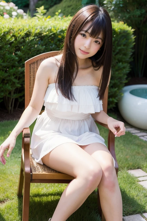 master piece, Best Quality,(12 years old Japan girl:1.5),(Looks like you're about to cry:1.3) ,(M-shaped legs spread on a park bench:1.8),(Summer clothes and hairpins for junior high school girls:1.8),Brown eyes,(Small:1.7),(Smooth straight hair:1.5),(Slender body,Skinny Legs),A detailed eye,Very white skin,Letting down your bangs,Detailed body,Detailed hand,No makeup, Smile,
