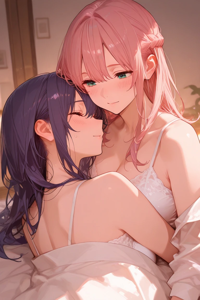 masterpiece, best quality, nsfw,
2girl, kiss,
white lingerie, purple hair, embarrassed face,
bedroom, late night