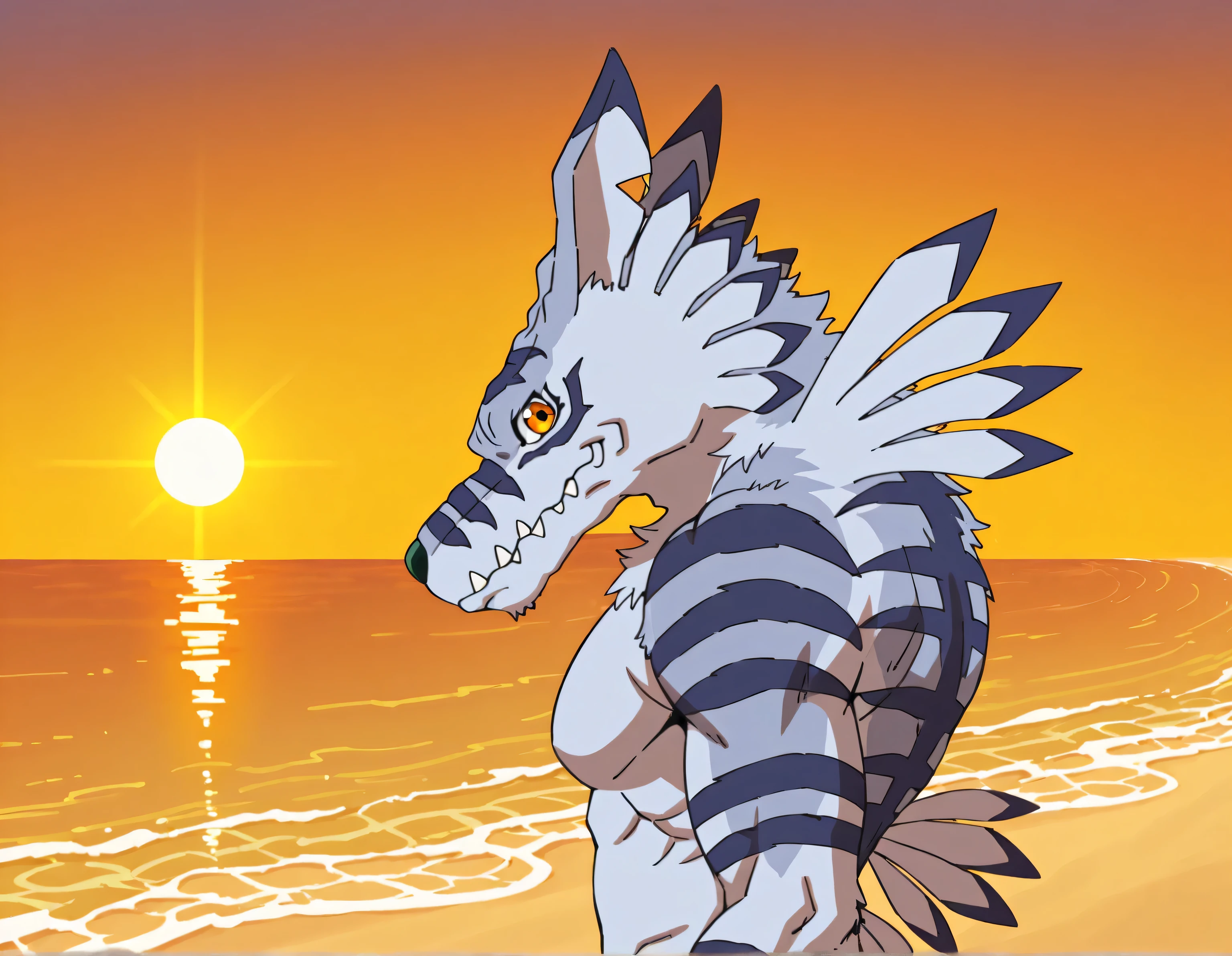 weregarurumon, weregmonil, anthro, male, wolf, light blue fur, orange eyes, dark blue stripes, purple claws, orange speedos, golden speedos, solo, beach, (sunset), sunlight, backlight, body in shadows, posing, half body, looking at viewer, muscular, pecs, high quality, score_9_up, score_8_up