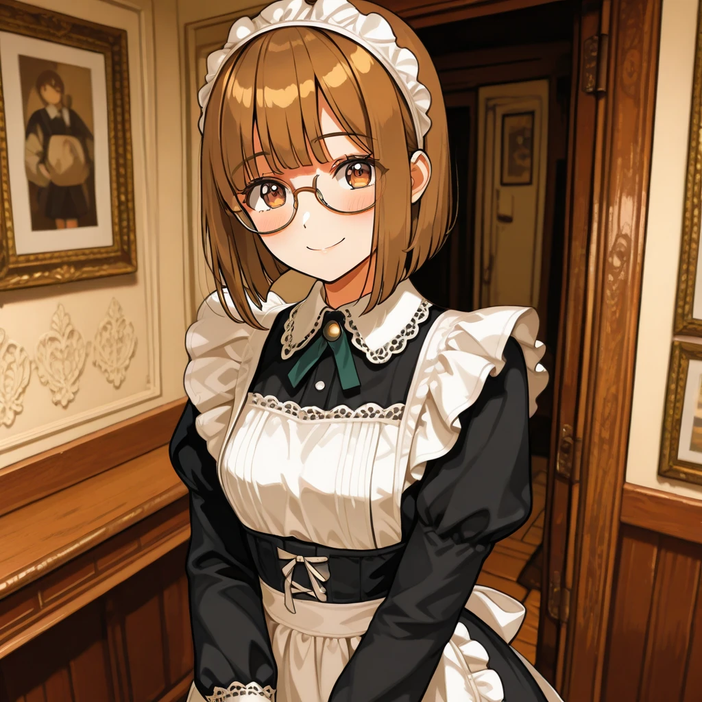 ((masterpiece, Highest quality)), Aston Machan (umamusume),, smile, Large Breasts, Upper Body, , Long sleeve, White shirt, Frills, Green Skirt, button, Black knee socks, Hanging, , With glasses, Red frame glasses, Red hat crown, , Crazy Eyes, Glowing Eyes, ,  