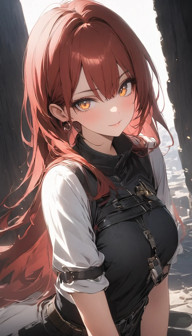Girl with copper-amber hair, dark green eyes , sexy dark clothes, sly facial expression, , on the head there are black small demonic horns, average build , belt art , high detail studio light