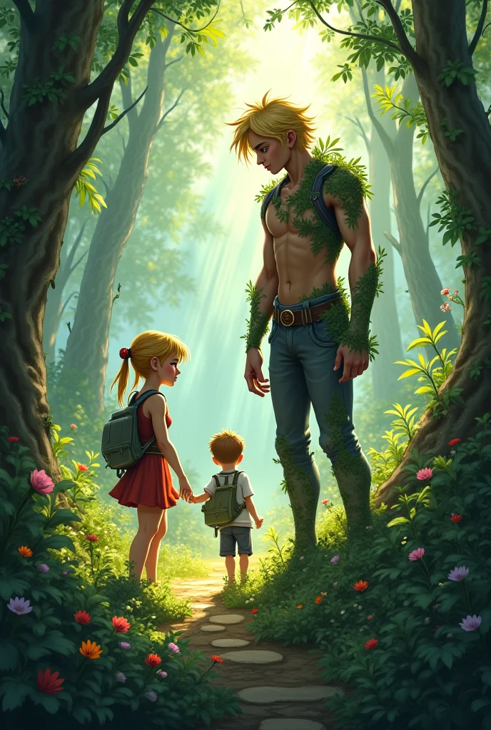 A boy with red hair and red eyes, indigenous, wearing a short made of leaves, a shapeless vertical scar on his cheek, like something from an anime. .
With a demon behind him and a blonde angel girl with a dress made of leaves with the