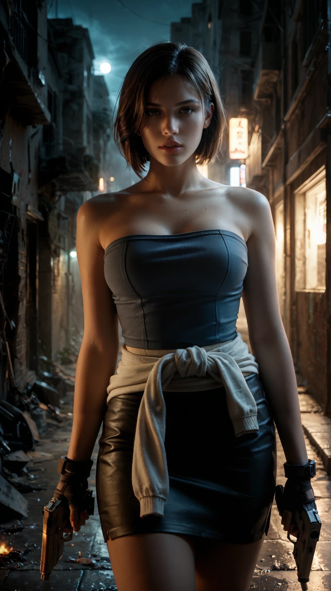 score_9, score_8_up, score_7_up, score_6_up, source_anime, BREAK masterpiece, . JillRE3, brown hair, bob cut, short hair, bare shoulders, pencil skirt, clothes around waist, fingerless gloves, tube top, breasts, best quality, city, night, ruins, parted lips, looking at viewer, holding gun, gun, fire, dilapidated, parted lips, alleyway, trigger discipline, cowboy shot,