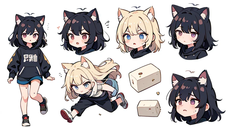 necoarc, slit pupils, cat ears, blonde hair, red eyes, chibi, :3, turtleneck, blue skirt, pleated skirt, pantyhose, brown footwear, (((eating a pair of colored socks)))