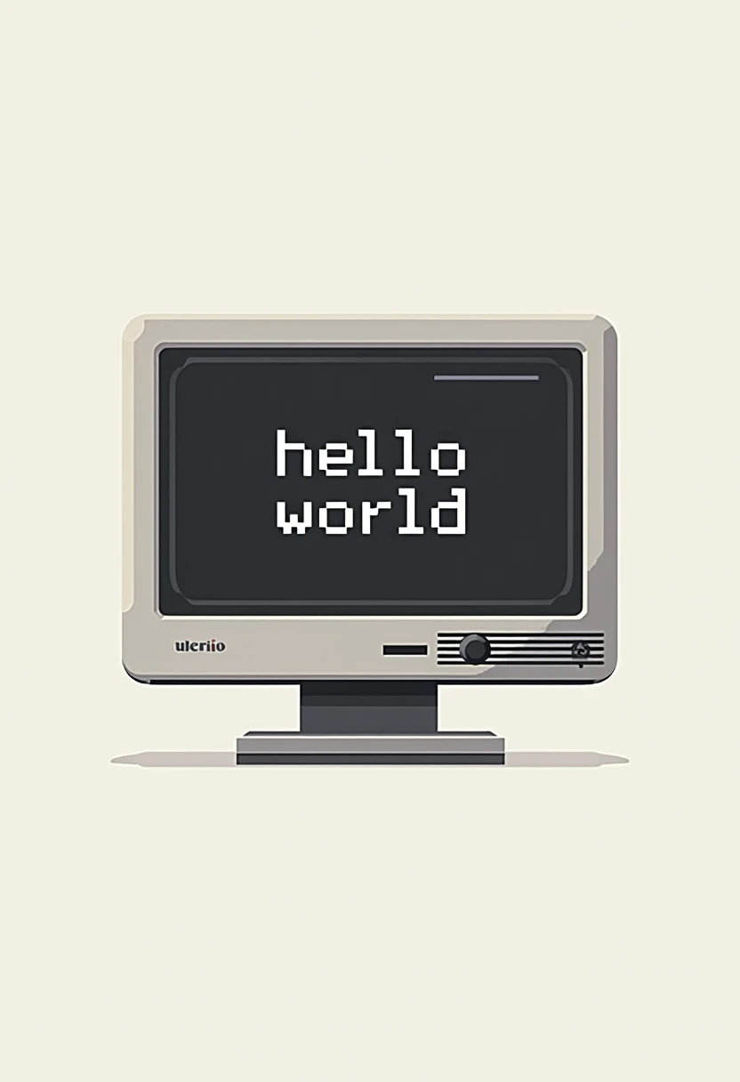 "A clean, minimalistic vector design of a retro computer screen with a pixelated 'Hello World' text. Simple monochrome color scheme, thin lines, no background, perfect for a t-shirt design."