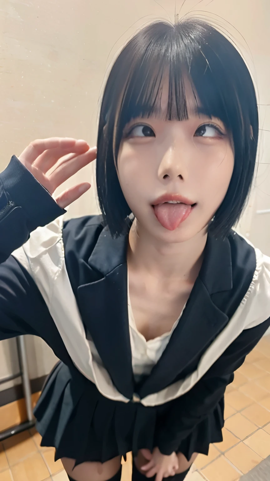 ((Highest quality)), ((masterpiece)), (detailed), New employee girl, (1boy,1penis,),(fellatio,1.3, tongue licking)、doggystyle,(projectile cum, excessive cum,cum in mouth,1.5 facial cum,1.5、cum in breast)1.5, (black suit jacket,White camisole,black tight skirt), (orgasm annoyed face,)1.2,(Dark hair、Bangs down)、Backroom、from below1.5