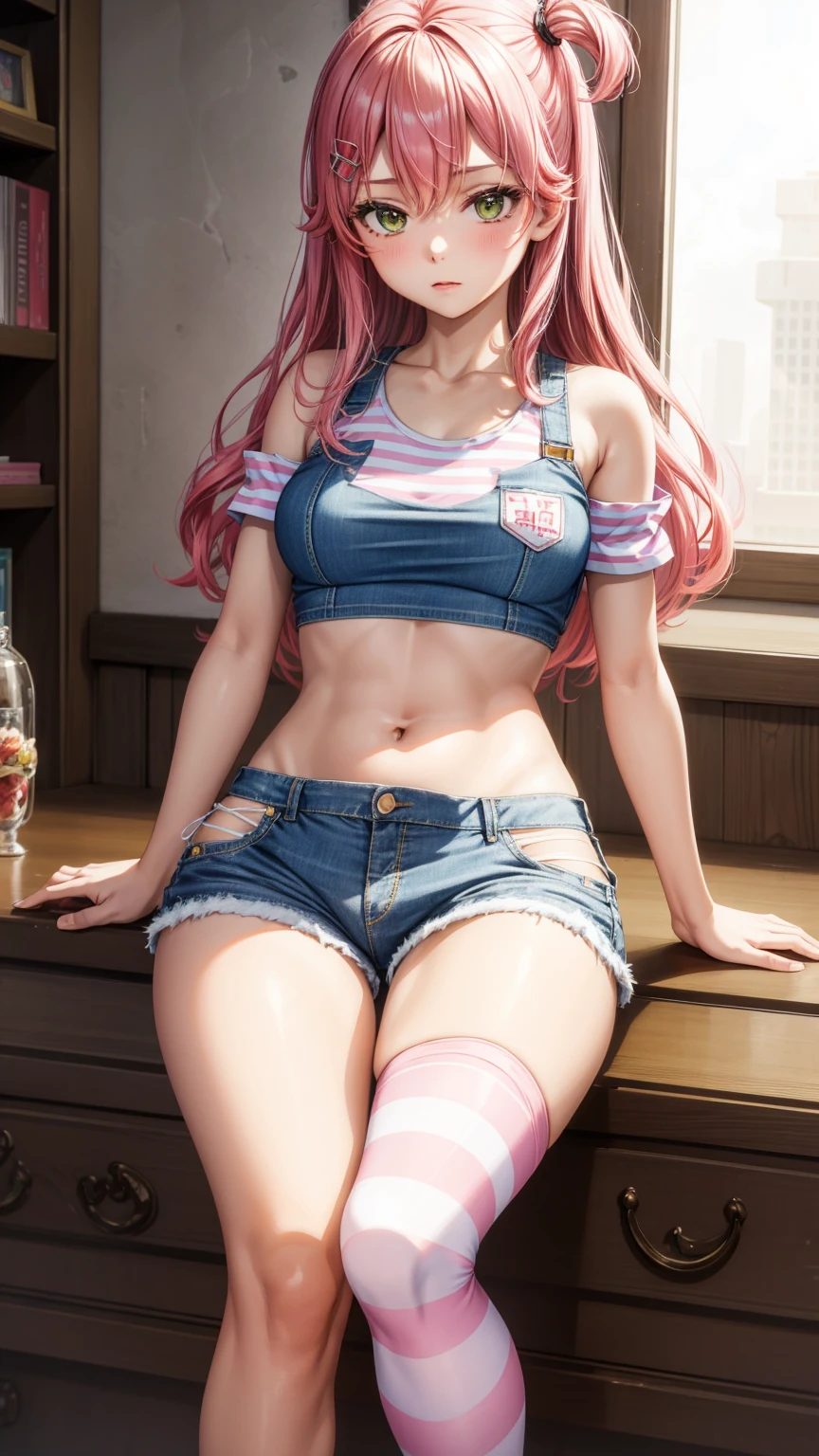 (masterpiece, best quality), 1girl, pink hair, crop top, denim shorts, bedroom, striped thighhighs,