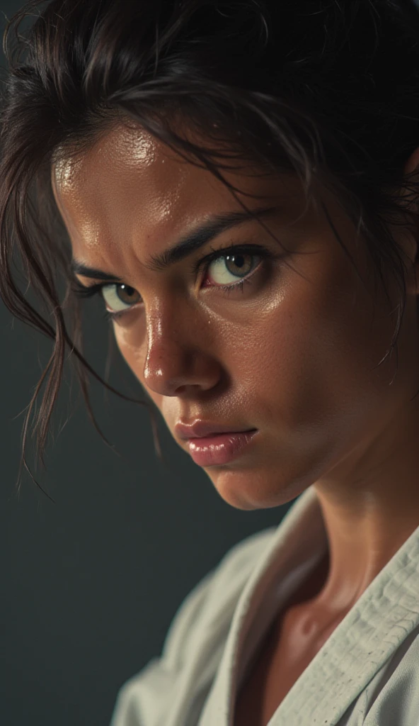Close-up shot of a karateka woman with her face covered in sweat