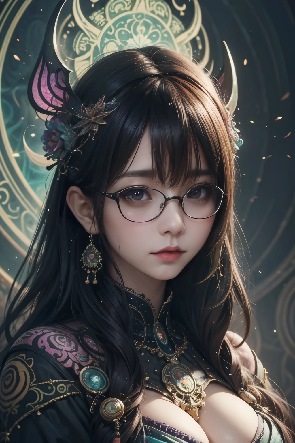 Are you okay、(Best illustrations)、8K UHD resolution、Intricate details、最high quality、Realistic、Ultra-detailed、Best lighting、Best Shadow、Soft lighting、ultrahd、1 beautiful demon woman from hell, Surreal Female Portraits by David Hockney and Alphonse Mucha, Fantasy art, Chinese Doll、Dungeons＆Dragon、Devil&#39;s Palace、Devil&#39;s Torture Chamber、magic、 Necromancer、night、Dark Style、Succubus、Devil&#39;s Daughter、Bat Wings，(((Devil horns)))、 ((((Huge glasses, Nerd Glasses, Thick glasses, Round Glasses)))),、(((Huge boobs)))、(Devil&#39;s Tail)、(Red eyes glow:1.6)、 複雑なTattoo, demonic 複雑なTattoo, 太もものTattoo, ボディTattoo, masterpiece、Beautiful Face、Baby Face、Muscular and attractive body、The devil&#39;s seductive body、Fascinating Black Magic Costume、A shiny red snake coils around her hand、ティンダルeffect、Photo Real、(High Definition Skins:1.2)、 (Intricate details, compensate, Pure Eros Face_v1:0.5), (Beautiful and delicate face down to the last detail, Beautiful and delicate eyes, Perfectly balanced face, Skin with attention to detail, Detailed skin, The optimal ratio is four fingers to one thumb, Arms under chest, お腹の下に赤く光るTattoo、Wow wow, Wide Hips, Smooth abdomen, Skinny and skinny, __fashion__, __hair__:1.25)、Digital SLR、high quality、picture、High resolution、 Absurd、Ponytail Distortion、1 girl、赤い輝くgemのネックレス、gem、Beautiful expression、Body Up、big breasts attention、Tight waist、Wide ass、Devil&#39;s Tail、複雑なTattoo, demonic 複雑なTattoo, 太もものTattoo, ボディTattoo, effect、Photorealistic、(High Definition Skins:1.2)、In the Dark, Low Key, Cowboy Lens, (Black Phoenix Dress: 1.0), Fascinating Black Magic Costume、Long hair, Black hair, bust, Devil&#39;s Palace, Devil&#39;s Crown, The red eye makeup is very sharp and detailed, 最もBeautiful Face, Super tight chest, Breast Augmentation Surgery, Her breasts are very big and round, black magic costume、Ultra-realistic , cute笑顔,Baby Face、 The eyes are nicely made up, ((Red Eye:1.0)), Gwaiz, demons style,Muscular and attractive body、 Wearing black mesh socks, Ponytail with a bow tied at the back of the hair, Beautiful plump red lips, Dressed in a light red and black robe, Hands pulling the straps to expose sexy breasts, A shiny red snake coils around her hand、The view is cloudy with thunder., Beautiful female devil portrait, Close-up of the main character, (Detailed spooky background:0.8), Hmph, Hmph, 8K quality, Detailed Pixels, Meet beautiful girls, Look at the girl&#39;s body,Emphasize large breasts、赤く光るTattoo、Tattoo, 複雑なTattoo, demonic 複雑なTattoo, 太もものTattoo, ボディTattoo,Devil&#39;s Tail、Body Up、A red snake coiled around her hand、Beautiful female devil portrait, Portrait of a Superhuman Woman by David Hockney and Alphonse Mucha, Fantasy art, Chinese Doll、Close-up of the main character, (Detailed spooky background:0.8),cute、Realistic、