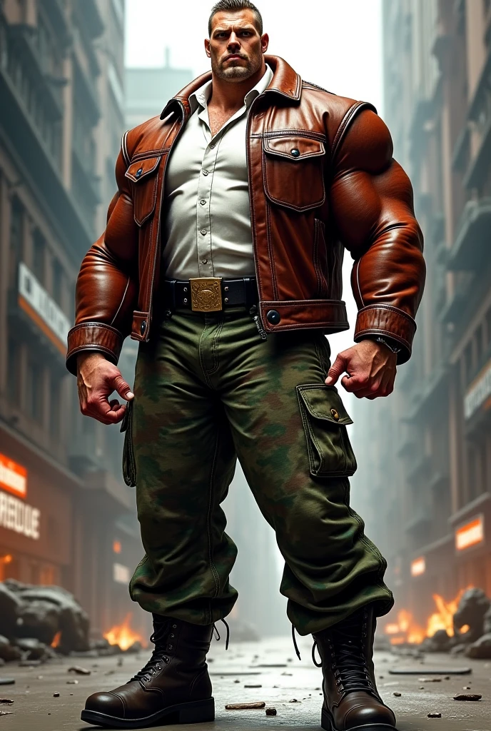 Big giant body builder bald  men wearing unbuttoned stylish red leather jacket with logos in mountain area