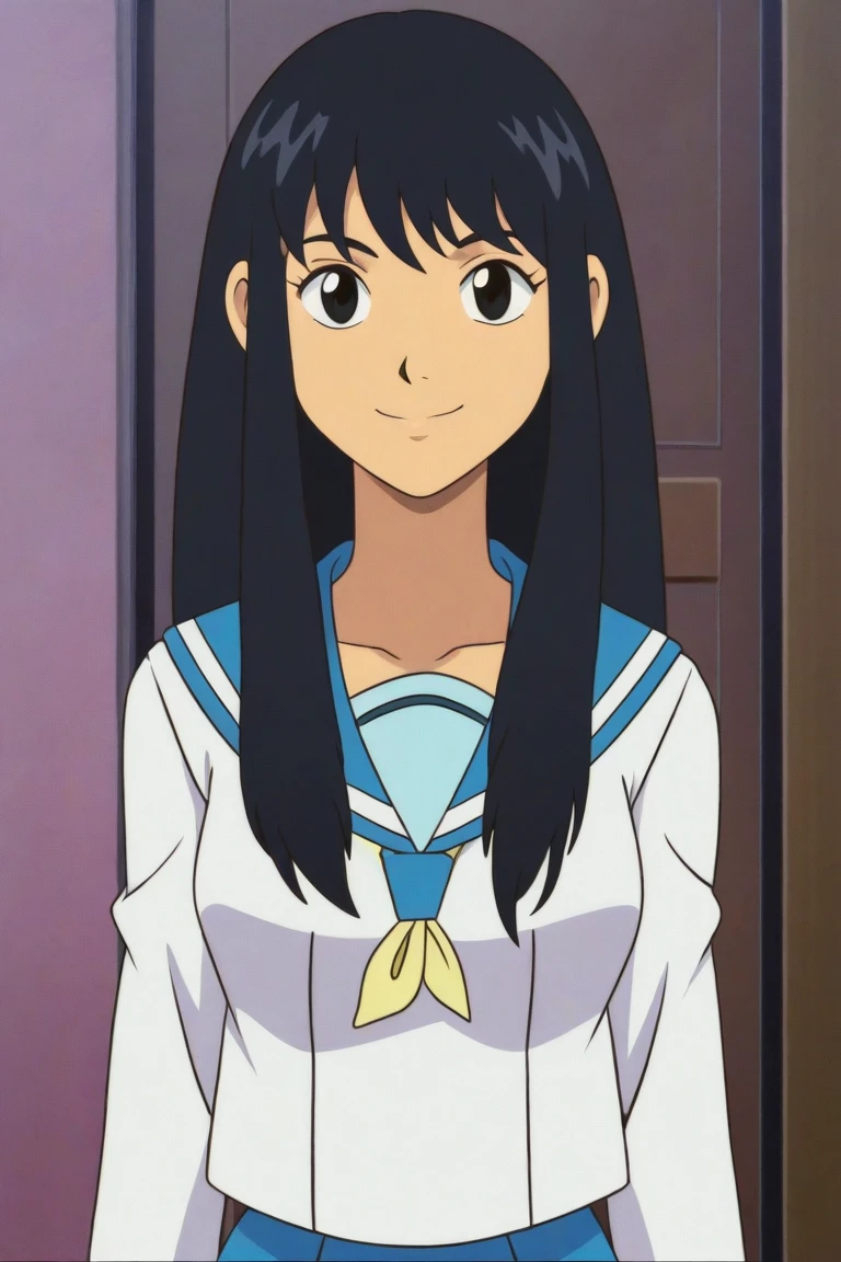 1 girl, long hair, high resolution, Solo, black hair,  precise, chest, smile, No Pony Hair, School Uniform, Black Eyes Anime, , anime style , There is art., 