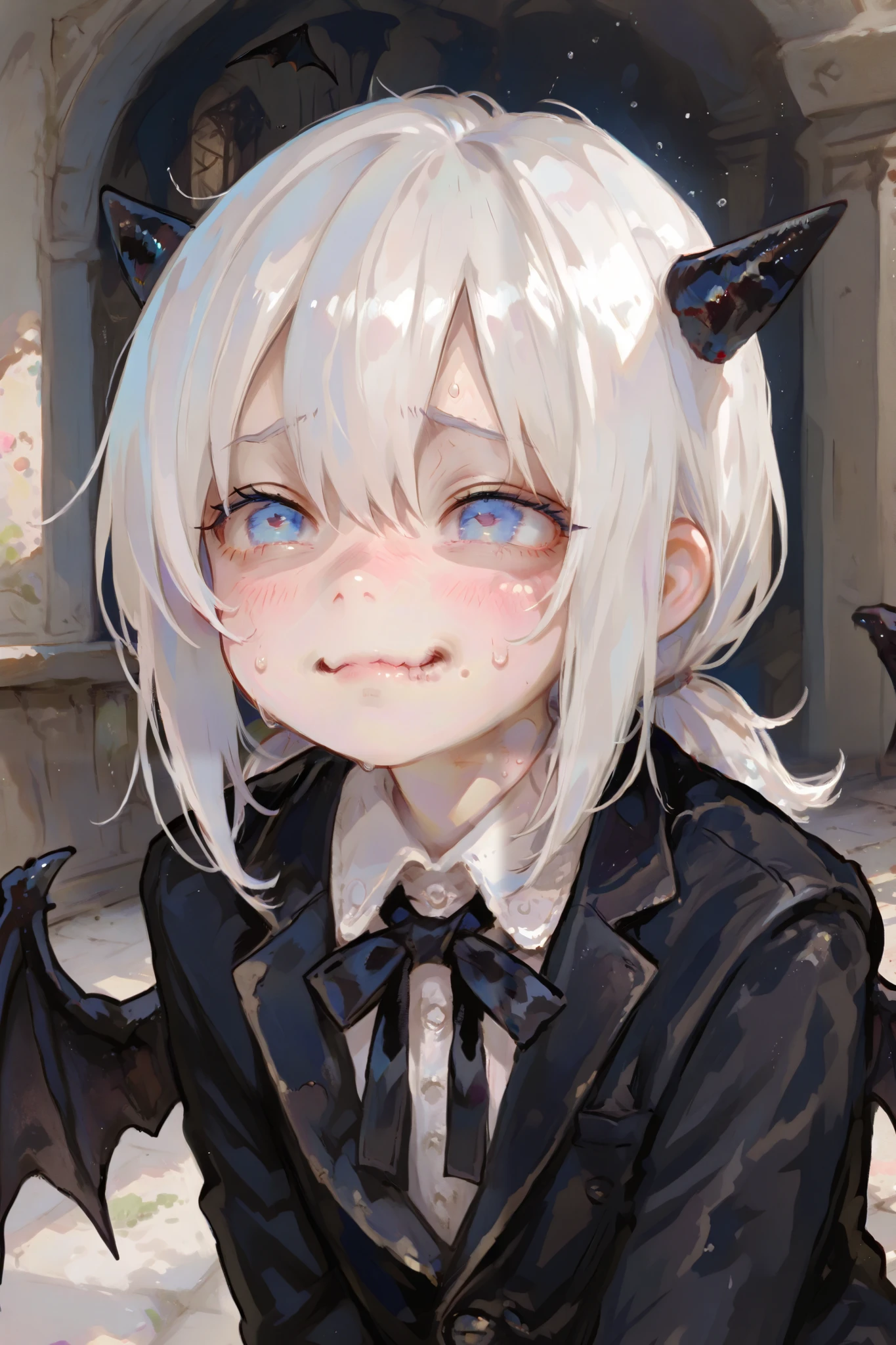 masterpiece, best quality, Detailed Eyes, boy, fantasy, kawaii, coward, blue eye, low ponytail white hair, younger brother, young face, clumsy, cute face, girly face, semi realistic, 8k, black suit, nervous face, black devil wings, black tiny devil horns, solo charactor