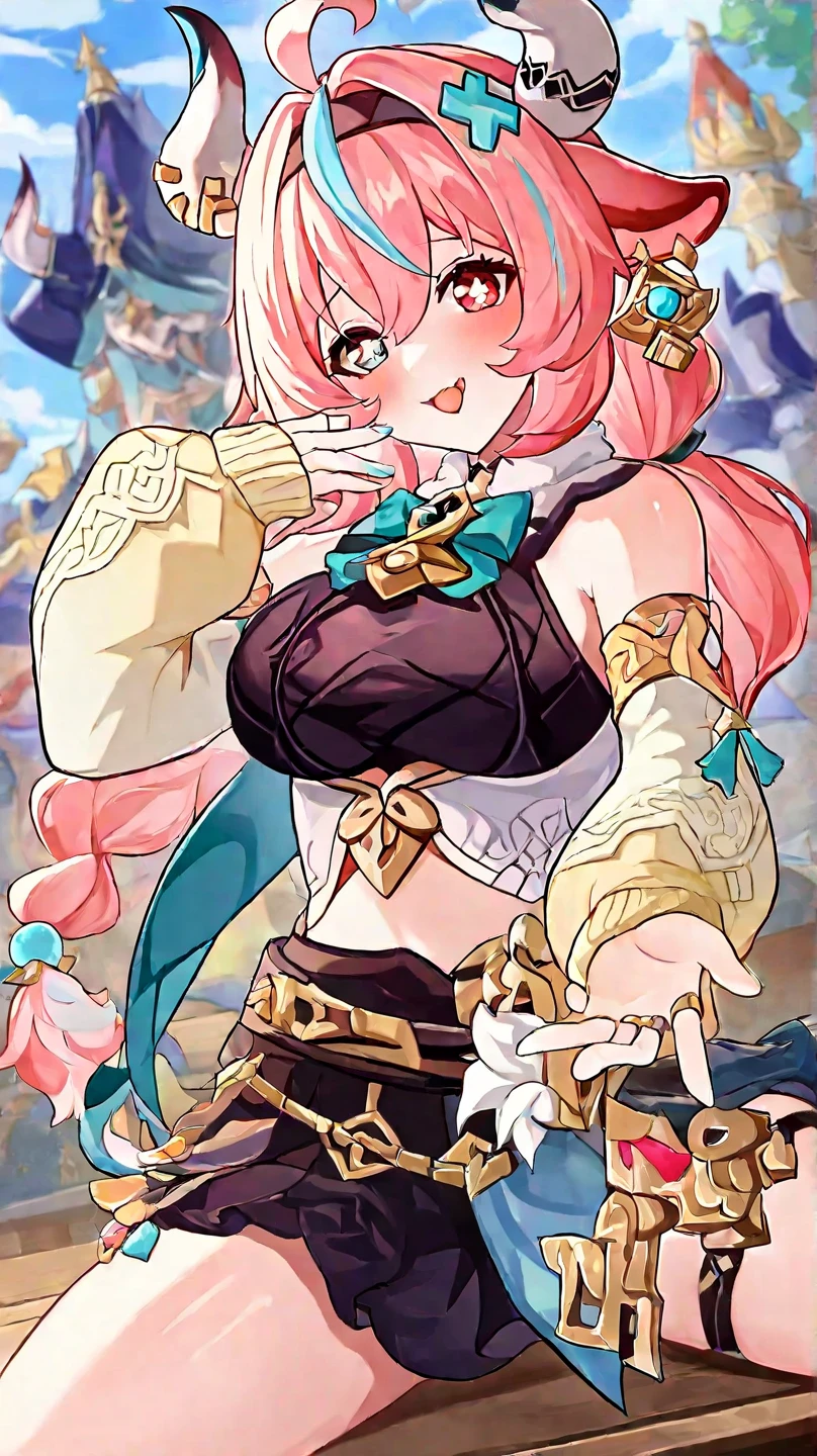 A smug narcissistic pink haired genie woman wearing a pink bra and white puffy harem pants and lots of jewelry flaunting herself