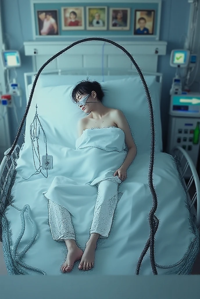 (RAW photo, best quality), operating room, overhead surgical light,blurred background, focused, dithering,backlighting,upper body,
(aya miiko, 3dcg03, 1 male, solo, redeyes, blue hair),
(life support machine, taking an operation, emergency transport, lying on hospital bed),