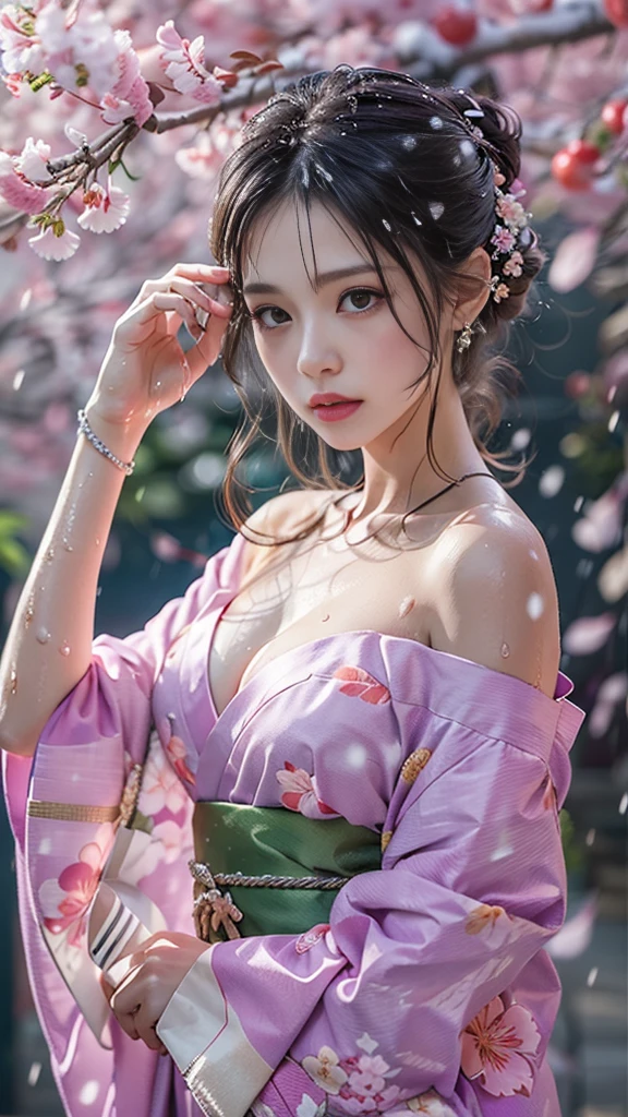 (masterpiece:1.2), Super detailed, ultra high resolution, (realistic, photo realistic:1.37), High-definition RAW color photo, professional photos, highly detailed face, very fine eyes, Very fine skin, very thin fingers, highly detailed nose, highly detailed mouth, perfect anatomy, highly detailed background, (famous japanese actress:1.2), (Improve:1.35), (flat chest), (brown person々, black skin, blonde hair:1.3), (Very short cut hair, curl the inside of the hair),  (steampunk:1.2), (dragon embroidery kimono:1.3), bare shoulders, (dynamic pose:1.5), (cherry blossom petals are falling:1.5)