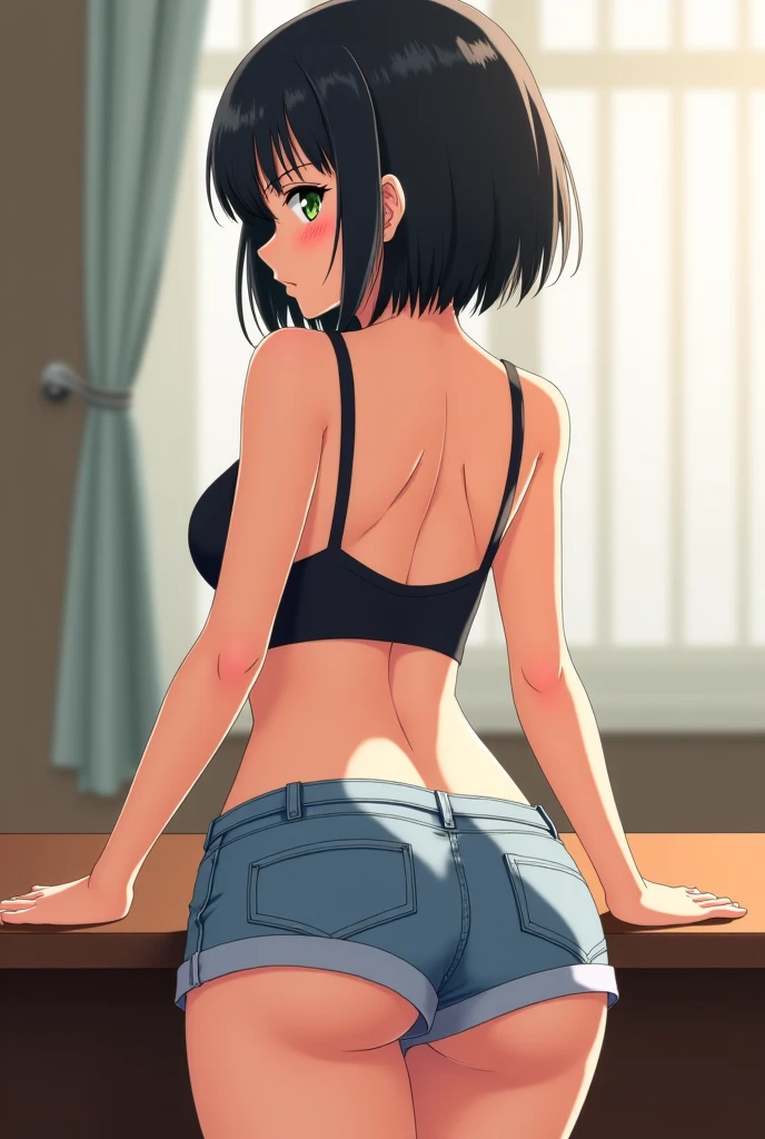 highest quality, High resolution, 1 girl, focus only, (big breasts:0.01), it is in it, black pants, blush, embarrassing,Reluctant, short hair, black hair, examination room, magenta polo shirt, doctors around, round stool, sitting, lifting up clothes, transparent bra, back view, back