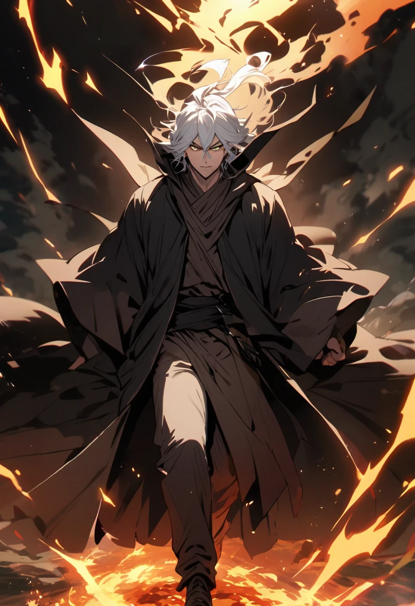 Anime character, a man, medieval era. Young man, 20 years old, large body, cold gaze, white teeth, messy short gray hair, ponytail, left eye patch, black clothes, dark cape with hood, chains. front camera, advancing in a sea of blood. white electricity overflowing all over his body, black electricity in his left hand. Right eye shining in a white ray. Thunderous red lightning