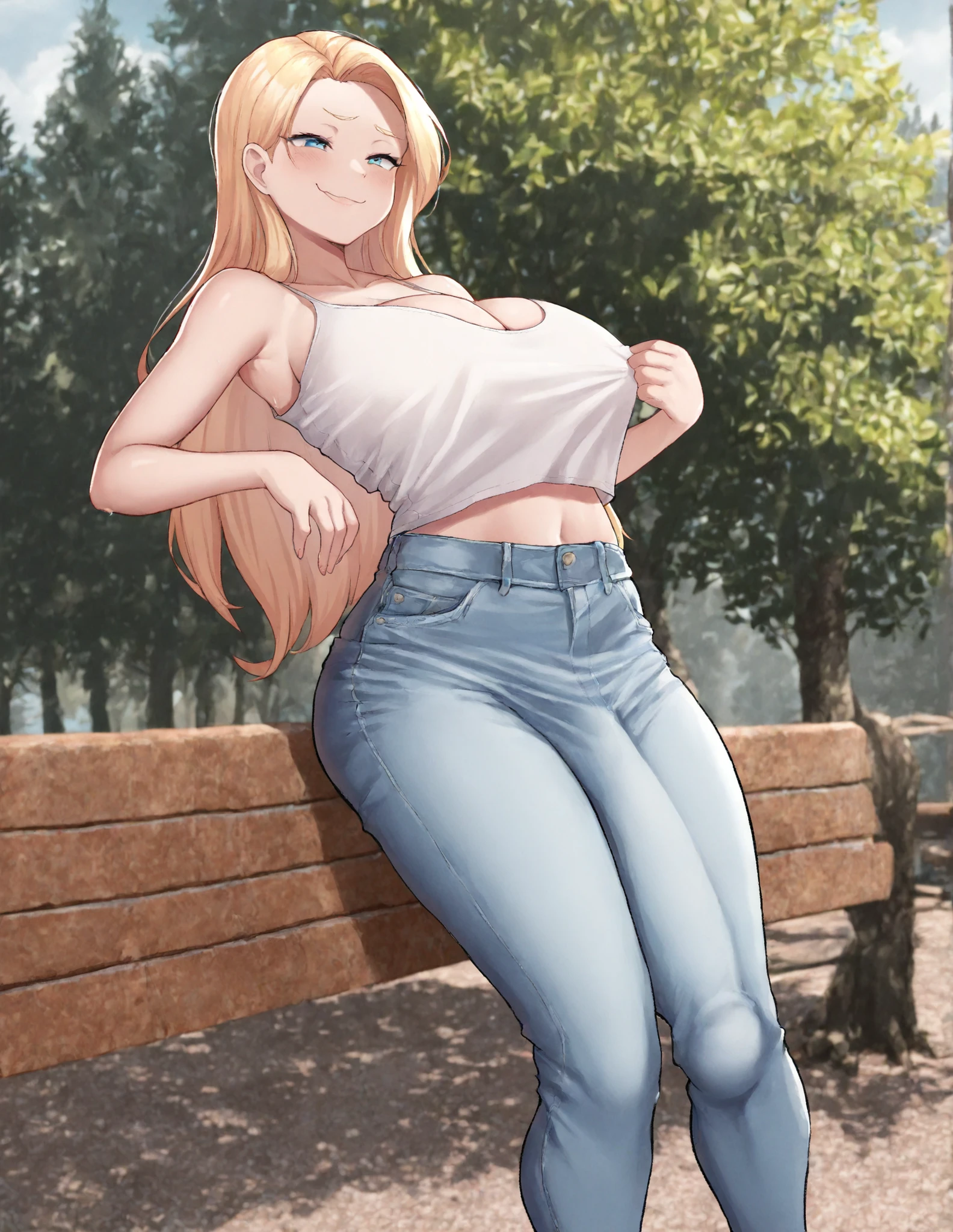 large_Breasts , Alone, down_bulge, blonde_her, blue_Eyes, smug, Jeans, park_bank, Tree,, masterpiece,best quality,absurdres, amazing quality, long cock, huge cock,