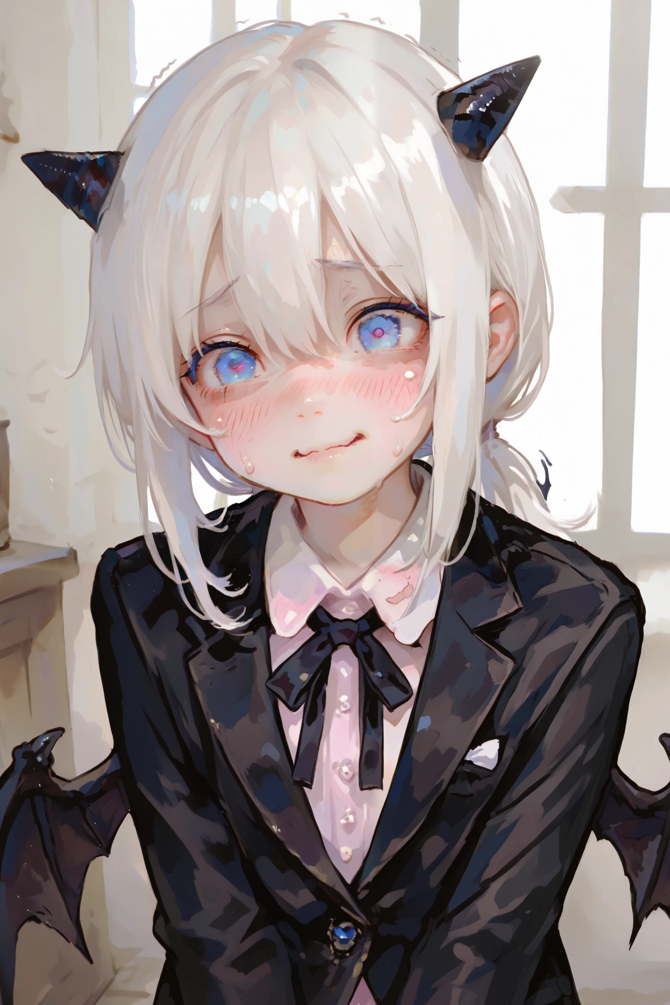 masterpiece, best quality, Detailed Eyes, boy, fantasy, kawaii, coward, blue eye, low ponytail white hair, younger brother, young face, clumsy, cute face, girly face, semi realistic, 8k, black suit, nervous face, embarrassed, black devil wings, black tiny devil horns, solo charactor
