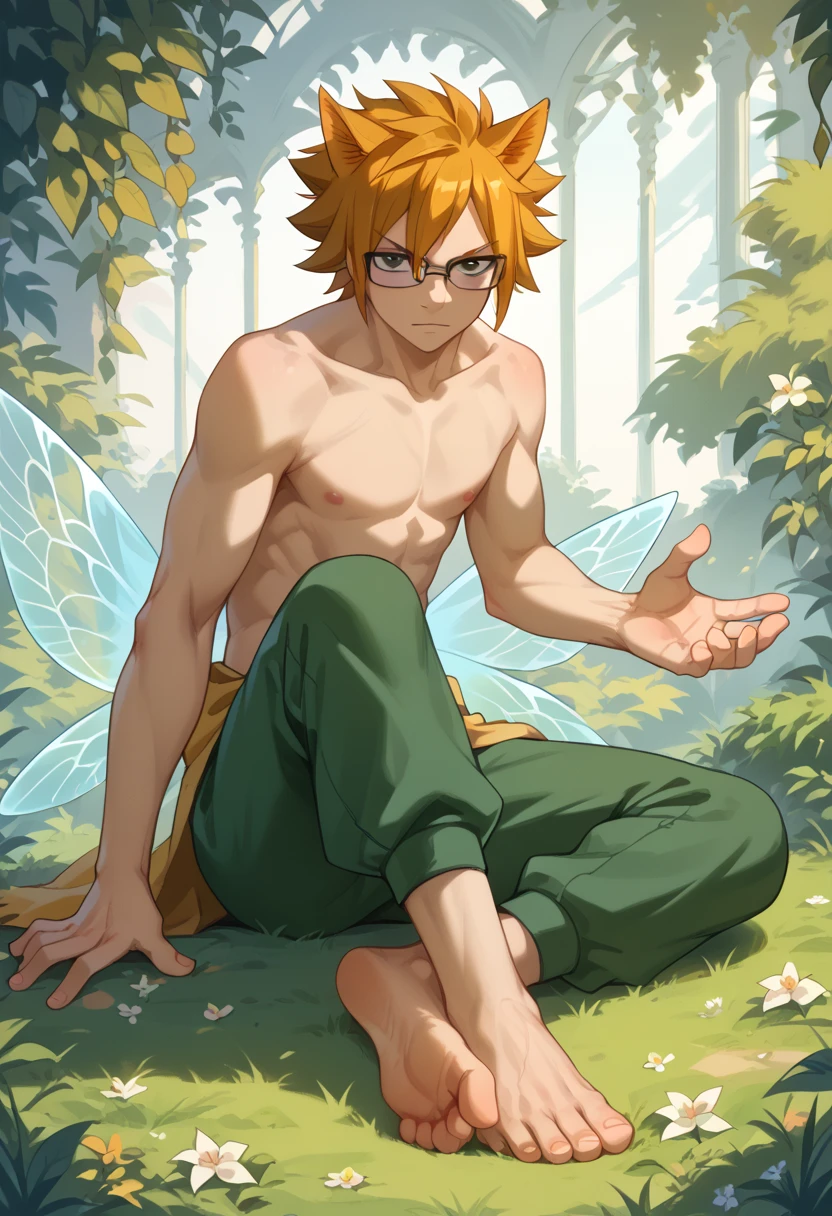 ((best quality)), ((masterpiece)), (detailed), make a D-style elf&D he is a young man with light red hair, tied into two buns with small rosebuds, his skin is pink, He has light green eyes and a scar above his eye that runs down to his cheek., make him see himself on the bank of a river with a silver ring on his left hand, There&#39;s an evil, humanoid shadow watching him from afar
