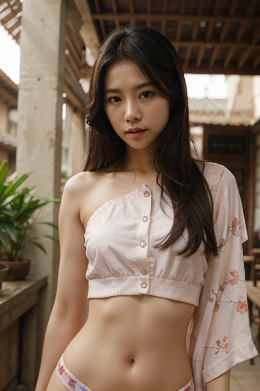 8k, high resolution, masterpiece, ultra-detailed, (Teenager, 15 Years Old, barely legal, tanned skin), (sheer oversized blouse, plain, short, wide neckline, deep neckline, random color, bikini underneath), (cozy cabana, shiny silky sheets, outdoor), (tropical ressort after a swim, wet), (small breasts, small hips, detailed face, long ponytail hair, tattoos, very thin leather collar), at night, full body shot, view from distance, random pose
