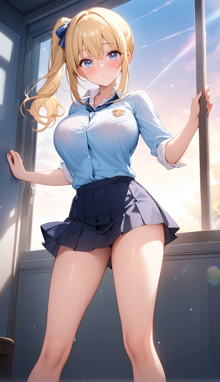 (Masterpiece: 1.4, Best Quality), (Intricate Detail), Unity 8k wallpaper, super detailed, beautiful and beautiful, perfect lighting, (1 girl), (blonde hair, black eyes, big breasts), dynamic pose, dynamic angle, lipstick, big breasts, detailed background, realistic, solo, perfect detailed face, detailed eyes, highly detailed, blush, hair accessories, smile, (white short sleeve shirt, no underwear, unbuttoned open shirt, exposed inner breasts: 1.5), exposed navel, ( Black ultra-short pleated skirt: 1.5), thin waist, big ass, (Long wavy, curly, Long wavy), long hair, femininity