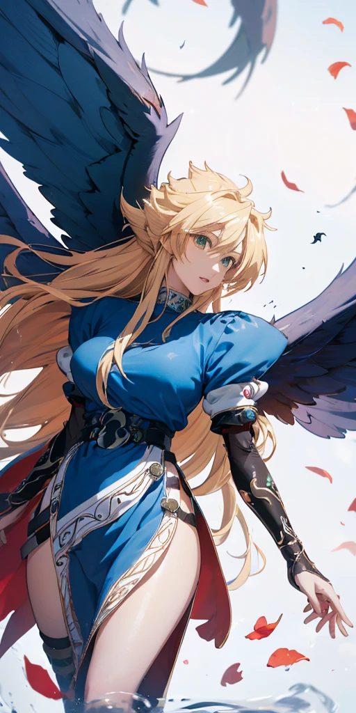 masterpiece, best quality, illustration, 1girl, solo, Nima, (gold long hair), (black big wings:1.3), (blue dress:1.3), sharp eyes, (vivid color), light, thick smoke:1.6, (floating white ink:1.8), Cyan flame, (beautiful and clear background:1.25), (depth of field:0.7), Dreamlike, (highres:1.2), (ultra-detailed:1.2), (extremely detailed CG unity 8k wallpaper:1.2), (traditional media), (sketch:1.1), finely detailed beautiful eyes and detailed face, (flying petals:1.2), red roses, dynamic colors, colorful, dynamic pose, dynamic angle, (from above:1.5), (covering chest by hands:2.0), breath of fire 2, Nina, medium breasts, (detailed eyes), cute, beauty, HDR, 4K, nier anime style, harmony, Nina