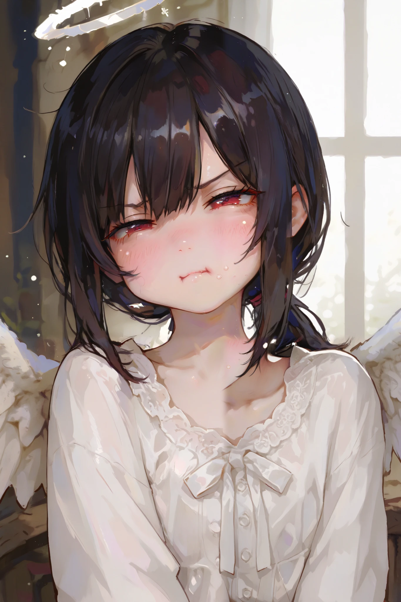 masterpiece, best quality, Detailed Eyes, girl, fantasy, kawaii, tsundere, red eye, low ponytail black hair, s, young face, clumsy, cute face, semi realistic, 8k, white blouse, pout, naughty, white angel wings, white halo, solo charactor
