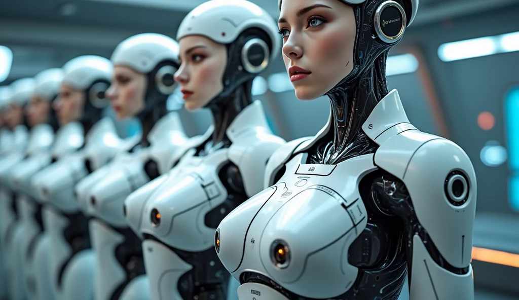 there are many robots together in a row, máquinas e futuristic robots, sociedade cg 9, , linda ciborgu, futuristic robots, 8k altamente detalhado, cinematic, robot cyborgs, Portrait of a female android, ciborgue masculino no data center, gods of artificial intelligence