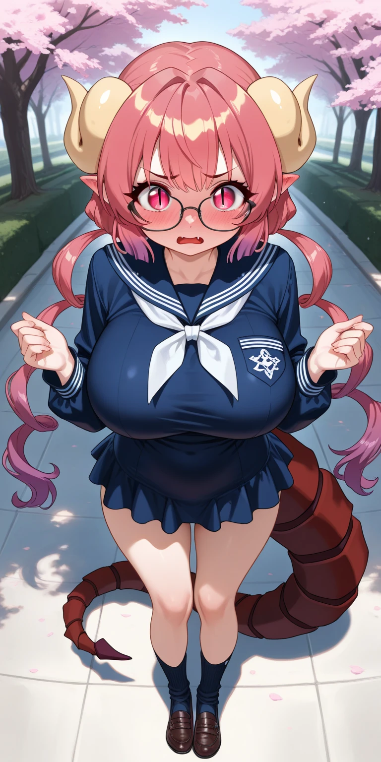 Girl with pink hair, long double-tailed hairstyle, ((small bushy eyebrows)) walking to school, naked, flirty smile, close up view from below on her crotch, mons pubis in the foreground, very close up to her mons pubis, having sex