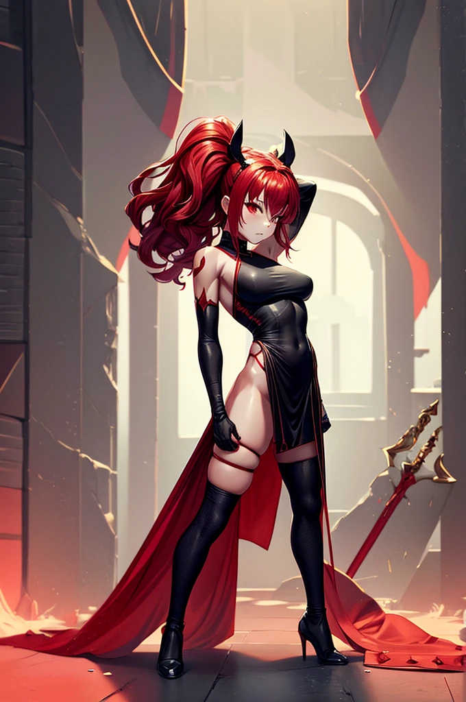 a gothic sexy succubus with long demon horns, has crimson red skin, wearing black leather bdsm gear, in a dark black room, has a feint aura, lit up from behind her