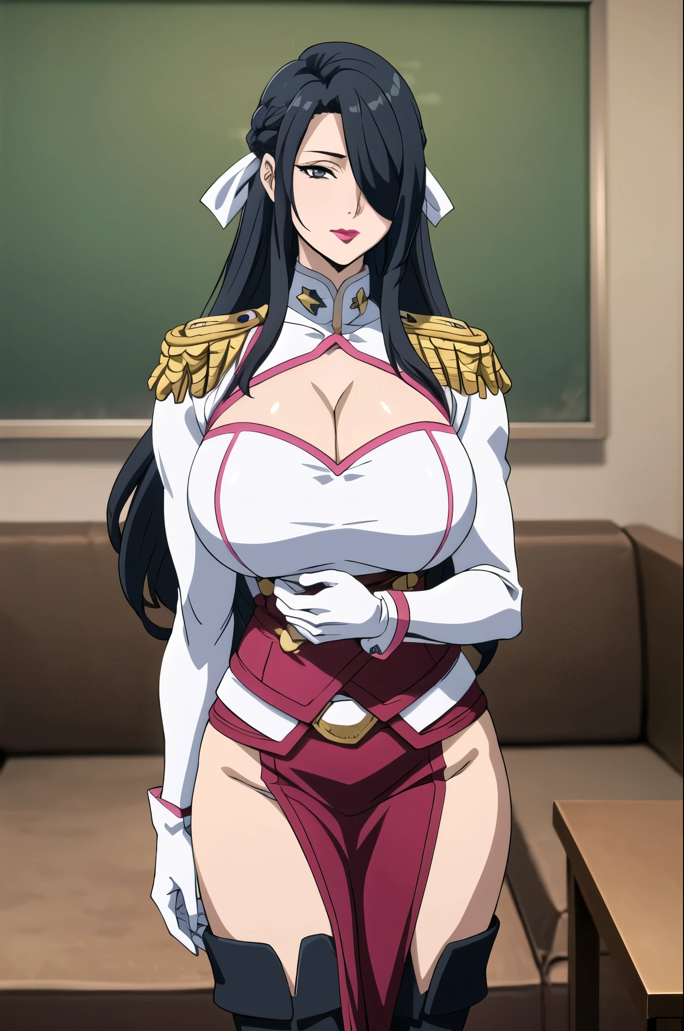 1girl,looking at viewer,dark skinned female,long hair,black hair,((green eyes)),shiny hair,muscular female,thick body,wears a white armor,v-shaped eyebrows,bangs,castle,forest,scenery,