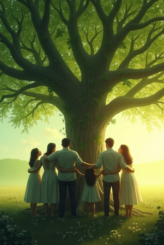 A poster of a tree of life with an aura of a power shield, shielding a eating happy family from harm of viruses, bacteria, germs and anything that will make them sick