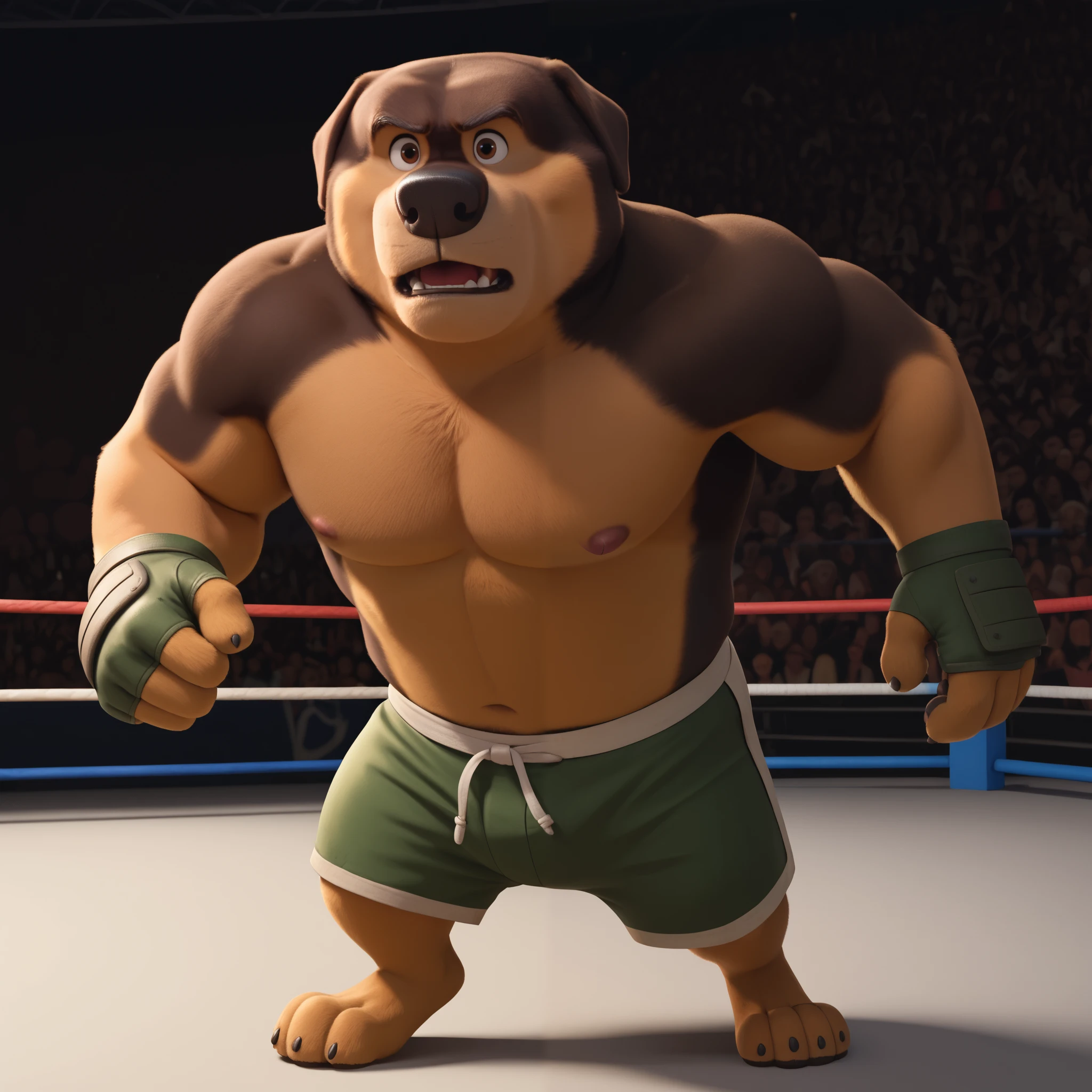 score_9, score_8_up, score_7_up, cartoon_style, ((by BodiPhant0m)), byBodiRDz, 4k, 8k, The best quality, very well drawn, detailed, high quality, detailed, 4k, high resolution, high quality, high resolution, Khampa, detailed, high quality, detailed, 4k, high resolution, high quality, high resolution, furry character, canine, 2d, solo, fighting arena background, rockdog, khampa, style rock dog, movie style, style[rockdog], rockdog, male, Tibetan mastiff, mastiff, dog boy, dog, khampa, Tibetan Mastiff with brown-and-tan fur with tan fur on his muzzle, hands, feet, black nose, brown eyes, middle aged muscular, Height: 6'10", Weight: 358lbs, shirtless, wearing black MMA shorts with green colored slits, MMA fingerless gloves with green knuckle pads, fights,  