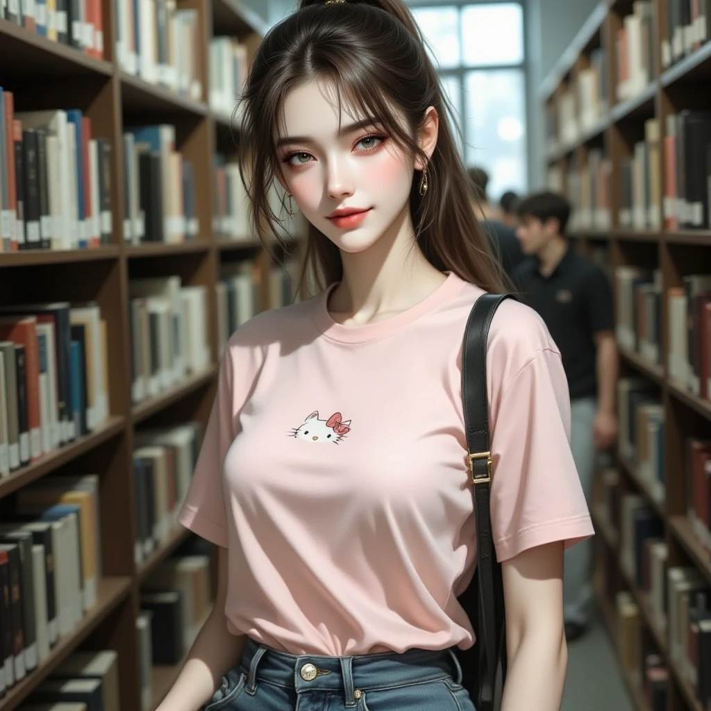 Loli com cabelo escuro longo, brown eyes in front of a pink stationery store whose name is Lolly's Girls